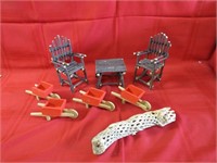 Doll wood chairs, wheel barrows, Cactus wood.