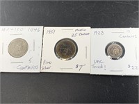 3 Mexican coins including 1928  10 Centavos, unc.