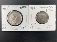 2 Silver Italian coins: 1927 R 10 Lira and 1928 5