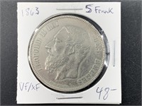 1863 Belgian Silver Five Franc coin, Leopold II, X