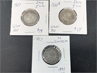 3 Italian coins: 1894 20Centissimi, 1929 R silver
