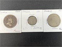 Three old Jamaican coins: 1871 penny Queen Victori