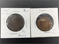 Two British 1/2 pennies: 1730 George II, and 1863