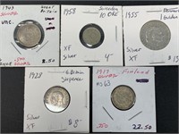 Mixed European silver coins: 1943 British 6 pence,