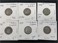 6 British six pence coins all silver, between 1920