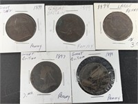 4 British large pennies all Queen Victoria, all la