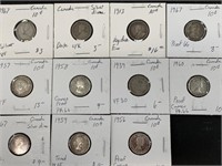 11 Canadian silver dimes, several are proof, cameo