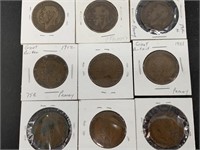 9 British large pennies, all George the Fifth