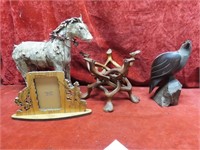 Horse figure, wood picture frame. Camel holder.