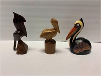 3 Hand Carved Wood Pelicans