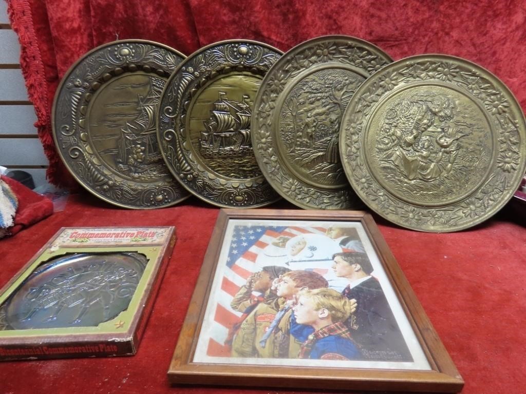 Brass décor charger plates, Carnival glass plate.