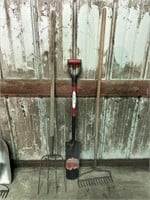 THREE GARDENING TOOLS PITCH FORK, TRENCH SHOVEL,