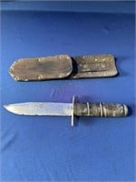 VINTAGE NAVY FIGHTING KNIFE WITH LEATHER SHEATH