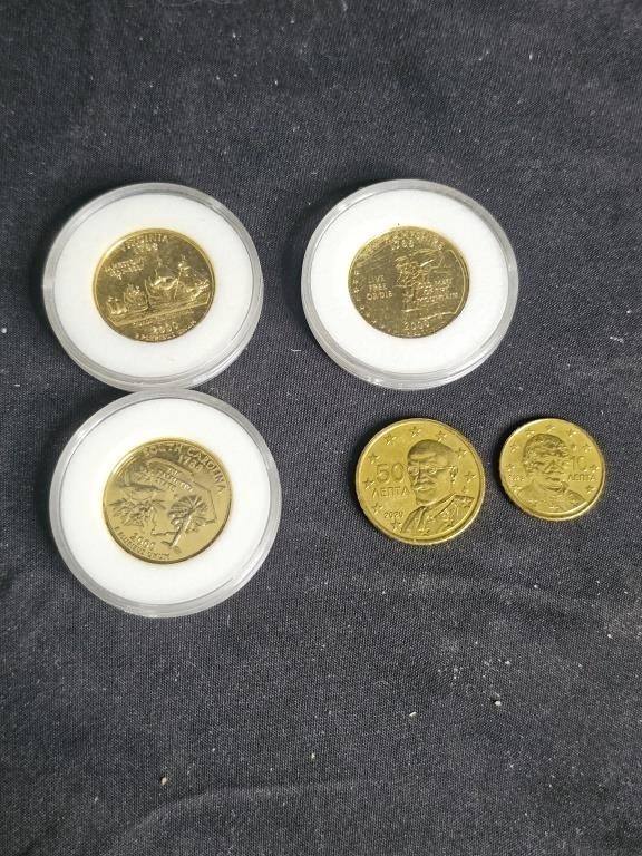 3 state quarters gold plated & 2 other Euro coins
