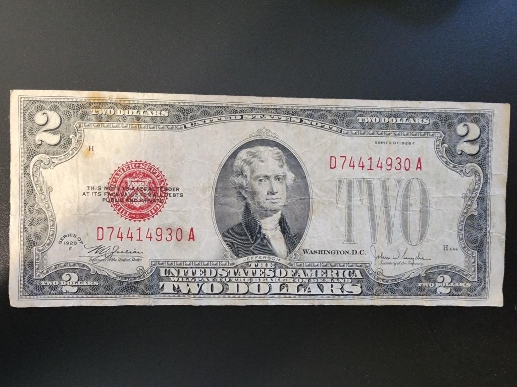 1928 $2 red seal bank note Bill.