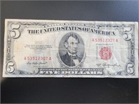 1953 $5 certificate bank note Bill.