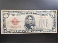 1928 $5 red certificate bank note paper money bill