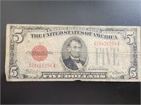 1928 $5 red certificate bank note Bill
