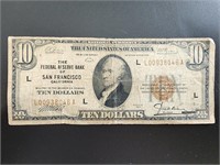 1929 $10 Dollar Bill. The Federal Reserve Bank