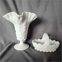 Vintage Milk Glass Vase & Basket -Westmoreland