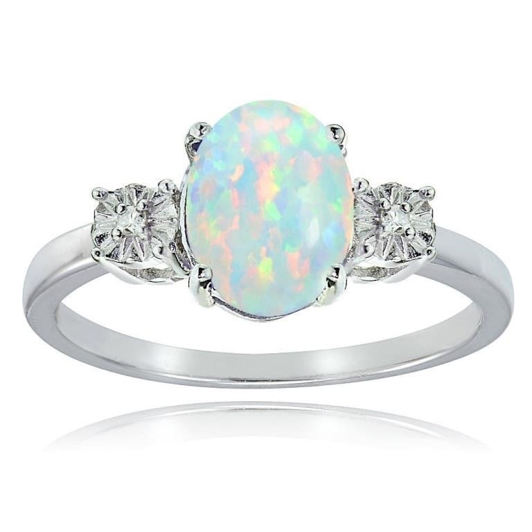 Genuine Diamond & Opal Sterling Oval Ring