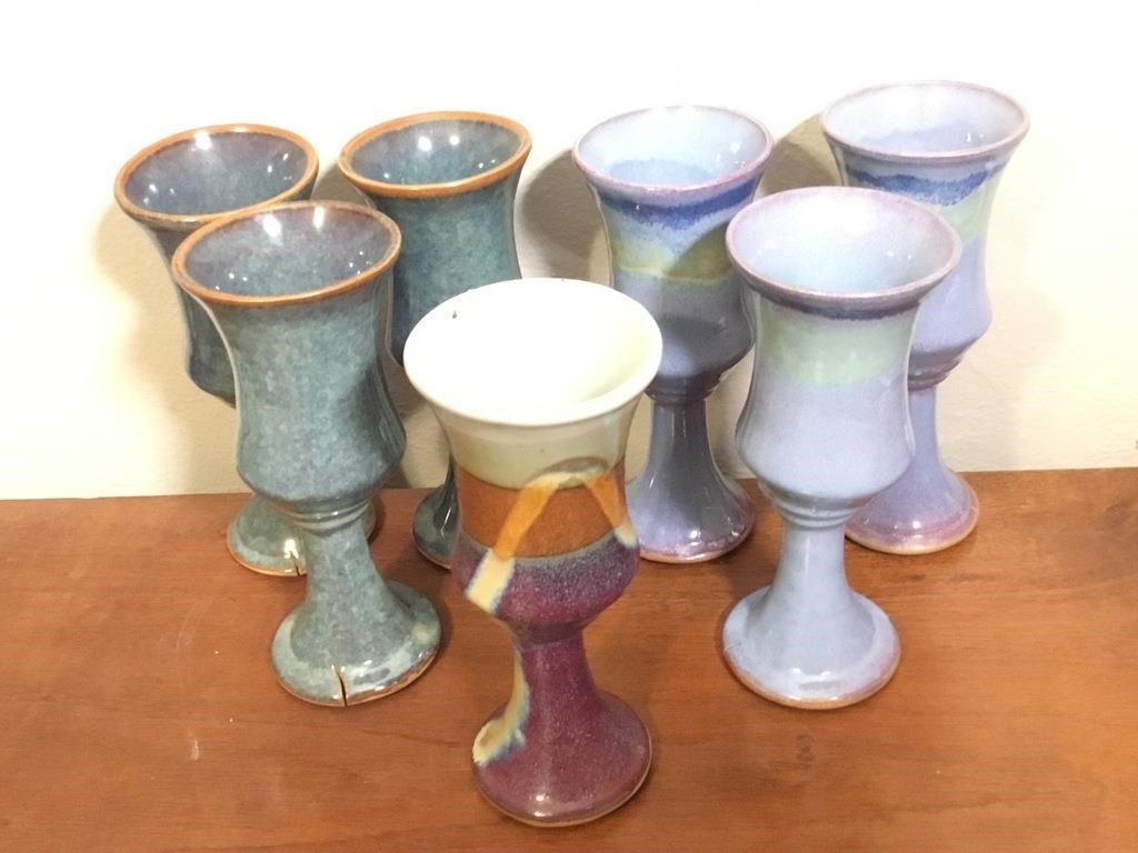 Lot OF 7 Stoneware Glaze Pottery Goblets