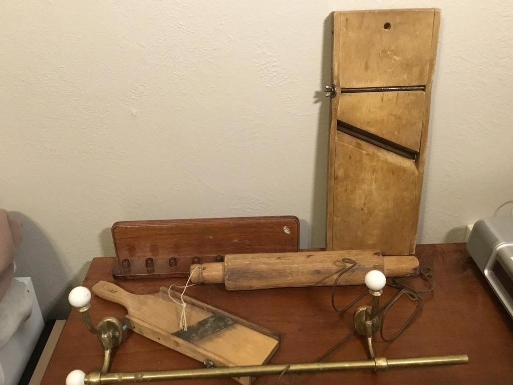 Antique Wood Kitchen Tools Lot & Brass Bar