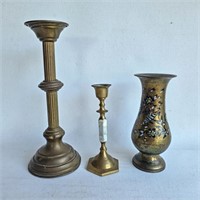 Small Brass Vase & Candlesticks -Vintage