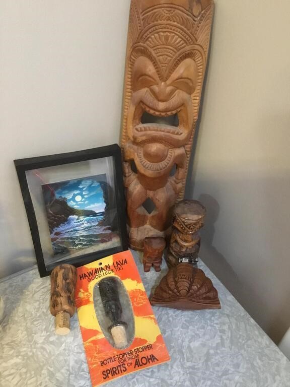 Vtg Carved Lava Tiki Man Drink Stopper & More