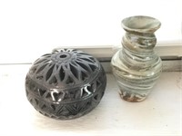Mexican Black Pottery Bowl/Stone Twist Vase