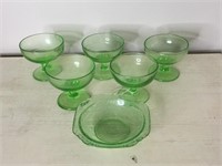 Uranium Green Glass Bowl & Stem Glasses
