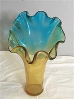 Vtg Aqua Blue & Amber Ruffle Edge Glass Vase