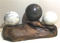 Burlwood Stand W/ 3 Large Stone Spheres