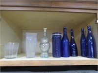 blue bottles,cheese cutter,baking pan & items