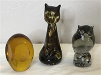 Vtg Spotted Blown Glass Cat, Amber Glass Owl Etc