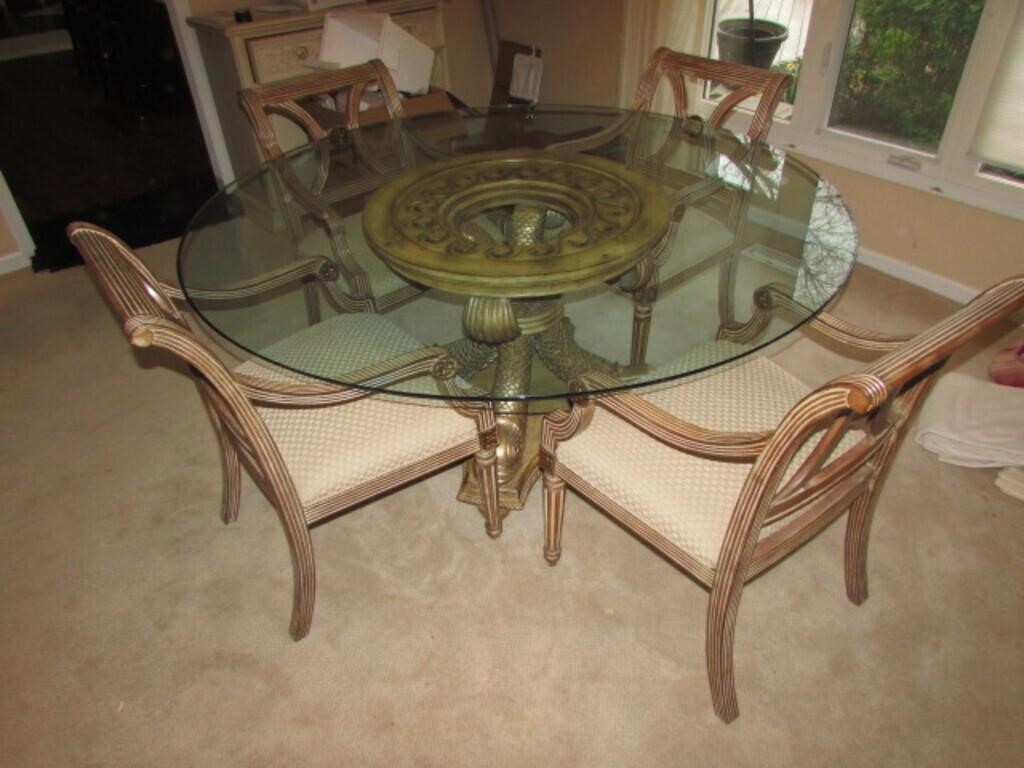 decorative glass top dining room table w/chairs