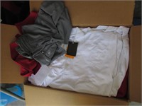box of brand new golf shirts & car mats