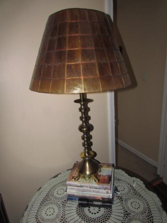 brass table lamp & books