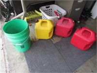 2 gas cans,diesel can & bucket w/salt