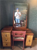 Vintage Wooden Desk With Mirror and Chair