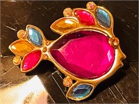 RARE! Signed JJ Fish Brooch colorful cabochons