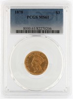 1878 MS61 Indian Princess $3.00 Gold Coin *RARE
