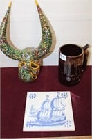 Blue Ship Tile / Mache Mask / Pottery Stein