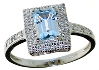 Emerald Cut Natural Blue Topaz & Diamond Ring