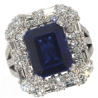 14k Gold 7.02 ct Radiant Sapphire & Diamond Ring