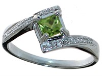 Asscher Cut Natural Peridot & Diamond Ring