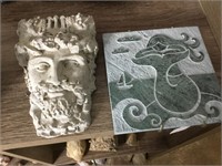Carved Mermaid Tile & Poseidon Stone Face