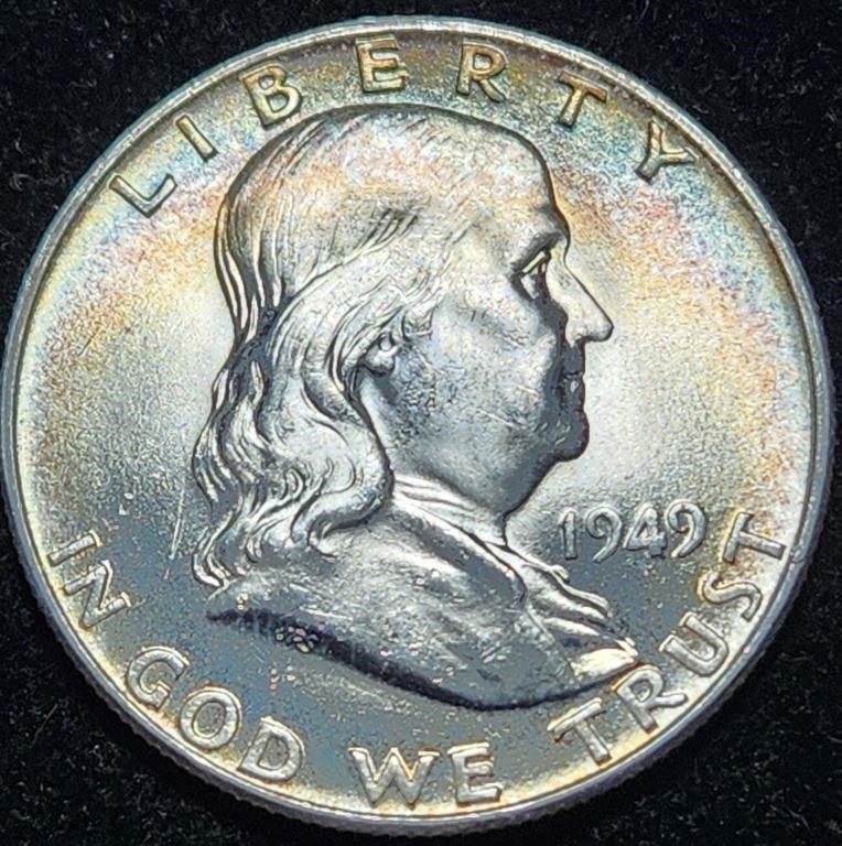 1949 Franklin Half Dollar - BU Rainbow Rim Toned