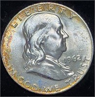 1962-D Franklin Half Dollar MEGA RAINBOW RIM TONER