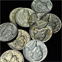 10 Silver Jefferson War Nickels - AU & BU